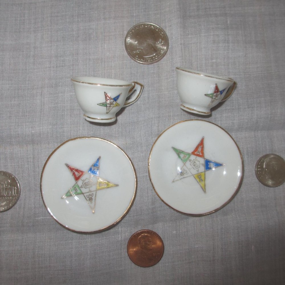 2 MINI PAIRS VINTAGE Masonic Eastern Star Ceramic dish Saucer tea cup DOLLHOUSE